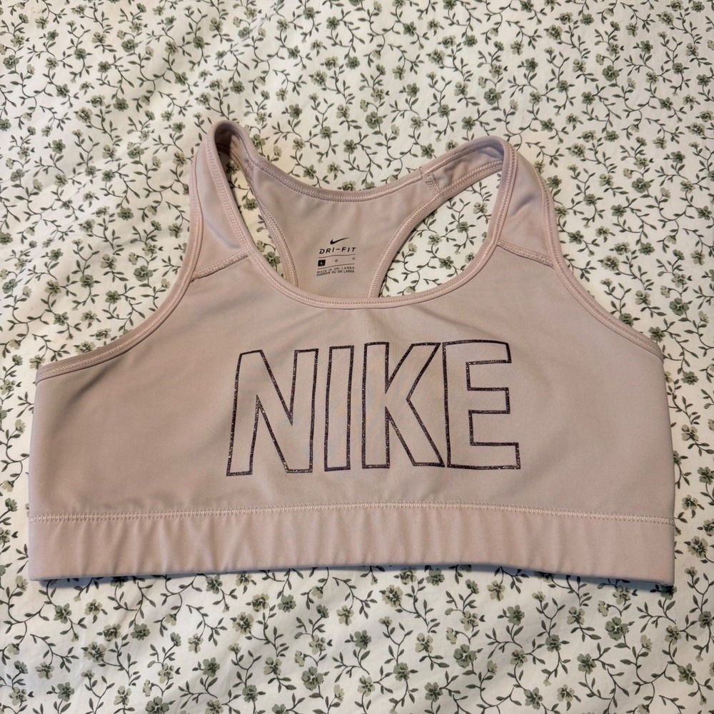 Nike Womens L Dri-FIT Racerback Sports Bra Mauve Pink Glitter Logo